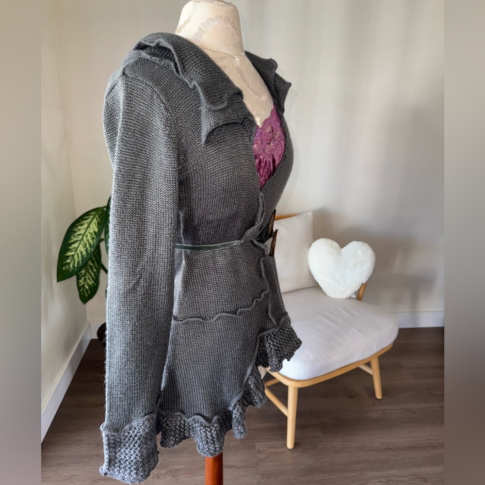 Boston Proper Asymmetrical Crochet Boho Gray Knit Ruffled Belted Cardigan Sz XS - Picture 9 of 16